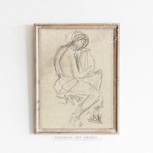 Könnte beinhalten: Eine Schwarzweiß-Bleistiftzeichnung einer Person, die auf einem Stuhl sitzt, gerahmt in einem hellen Holzrahmen. Das Kunstwerk trägt den Titel "Unfinish Art Prints".