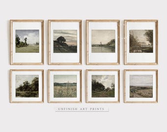 Antika landskapsmålningar | Vintage galleriväggkonsttryck, set om åtta | | Digital utskrivbar nedladdning | G0028