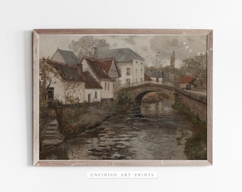 Vintage European Country Painting | Rustic Village Print | Digital PRINTABLE | Neutral Wall Art | 00058