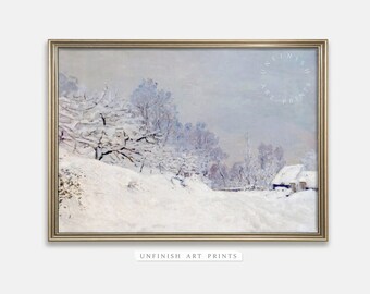 雪の降る田舎の村の風景ヴィンテージ絵画 | 素朴なクリスマスホリデーアート 印刷可能なデジタルダウンロード | 00023