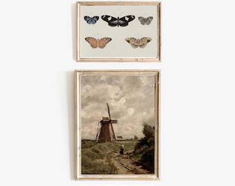 Set van twee antieke kunstafdrukken, vintage vlinderlandschap cottage decor, digitale AFDRUKBARE download | G0005
