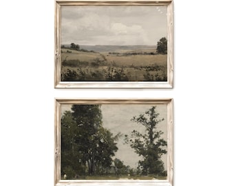 May include: Two framed landscape paintings. The top painting shows a field with trees in the distance. The bottom painting shows a group of trees in a forest setting.