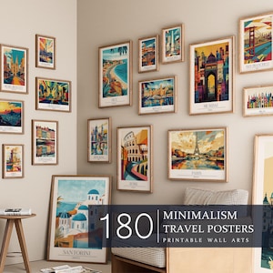 MEGA BUNDLE von 180 Minimalismus Reiseplakat, trendiger Retro-Reisedruck, Maximalistisches Dekor, farbenfroher Wohnheim Raum Deko Reisedruck | B0005