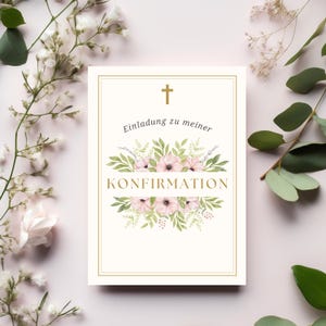 Elegante juego de tarjetas de invitación de confirmación, hermosas tarjetas de invitación para confirmación, diseño floral, texto de invitación en el interior