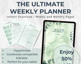 Ultimate Weekly Digital Planner | 2025 Hyperlinked Planner for GoodNotes & iPad | Printable All-in-One Planner | Instant Download PDF