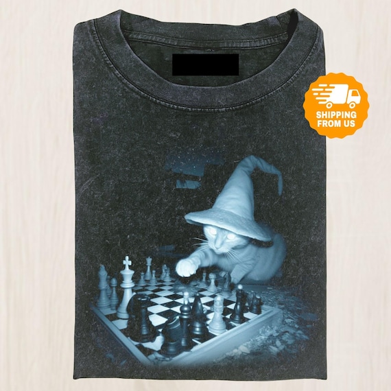 Wizard Cat Playing Chess Comfort Colors Shirt, Funny Fantasy Cat Tee, Magical Strategy Meme Shirt, Cat Fans Tee, Gift For Friends