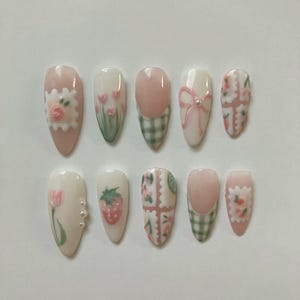 Cottagecore Press On Nails, Pink Floral Strawberry 3D Gel Tips, Handmade Gingham Bow Nail Art, Cute Spring Pastel Set, Gift For Her