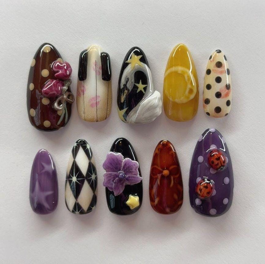 Whimsical Art Press On Nails, 3D Ladybug Flower Nail Set, Harlequin Polka Dot Nail Art, Handmade Mixed Design Gel Tips, Gift For Her