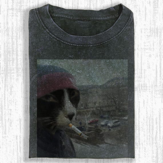 Smoking Cat Beanie Comfort Colors Shirt, Washed Black Vintage Photo Tee, Grunge Meme Graphic, Unisex Streetwear Aesthetic Top