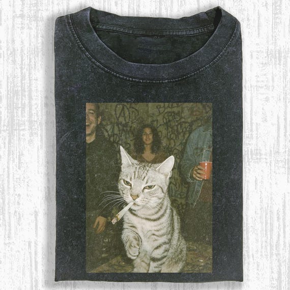 Funny Smoking Cat Party Comfort Colors Shirt, Washed Black Vintage Photo Tee, Grunge Aesthetic Unisex Graphic Top, Alt Streetwear for C
