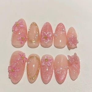 Sakura 3D Press On Nails, Pink Ombre Flower Gel Tips, Handmade Glitter Nails, Cherry Blossom Nail Art, Pearl Accent Nails,Gift For Her