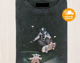 Mandalorian Skateboard Comfort Colors Shirt, Funny Grogu Skate Graphic Tee, Vintage Washed Skateboarding Shirt, Star Wars Fan Gift