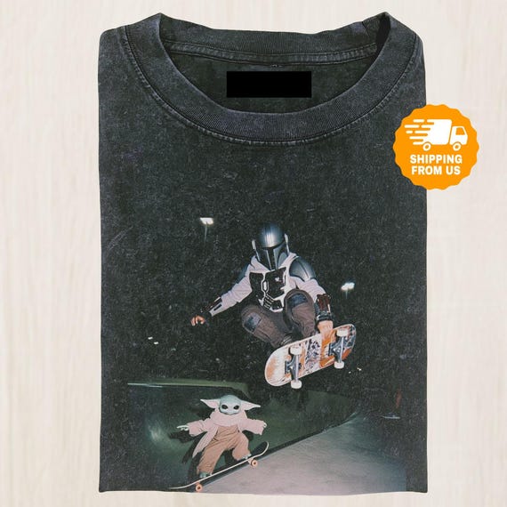 Mandalorian Skateboard Comfort Colors Shirt, Funny Grogu Skate Graphic Tee, Vintage Washed Skateboarding Shirt, Star Wars Fan Gift