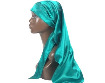 Extra Long Satin Braid Locs Hair Care Sleeping Bonnet- Single Layered with Long Ties --Teal Green Tiffany Blue Womens Handmade Hair Products