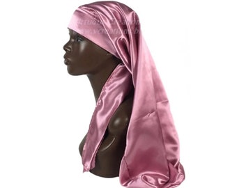 Extra Long Satin Bonnet With Adjustable Ties Rose Pink Single Layer Handmade For Natural Long Hair Twists Dreadlocks Braids Extensions