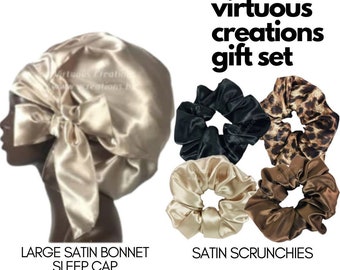 Gift Set-Satin Bonnet With Ties And Satin Scruchies-Taupe-Cheetah-Black-Brown-Natural hair-Handmade