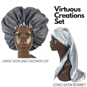 Set-Long Satin Bonnet With Ties And Large Jumbo XL Satin Lined Shower Cap Gray Silver Handmade For Long Hair Braids Goddess Braids