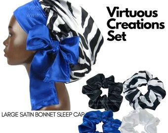 Zebra Animal Print Black White Blue Gift Set Satin Bonnet Single Layered With Ties And Scrunchies Handmade Natural Long Hair Locs Braids