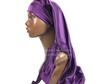 Extra Long Satin Bonnet With Ties Purple Plum For Long Natural Hair Braids Dreadlocks Locs Extensions Single Layer Protective Styles Care