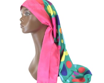 Extra Long Satin Bonnet With Ties Pink Green Polka Dots Single Layered For Long Natural Hair Braids Dreads Locs Protective Styles Handmade