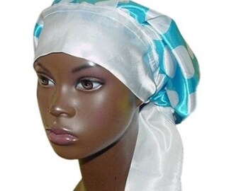 Long Braid Satin Bonnet, Sleep Cap, Long Adjustable Ties, Single Layered Polka Dots Turquoise Blue White Natural Hair Care Dreadlocks Locs