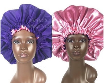 Extra Large Shower Cap, Satin Lined Shower Bonnet, Bath Waterproof Water Resistant, Purple Pink Fuchsia, Natural Hair Care Spa Elastic Band