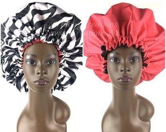 Large Satin Lined Waterproof Shower Cap, Jumbo, Xlg, Reversible, Red Zebra Black & White, Bath And Shower Hair Care Shower Bath Accessories