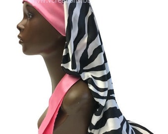 Extra Long Satin Braid Locs Bonnet- Single Layered with Long Ties Handmade Pink Animal Print Zebra Black White Charmeuse Hair Accessories