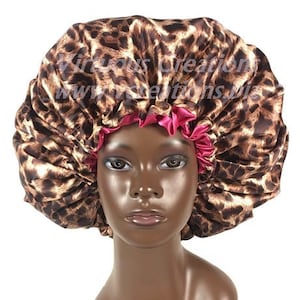 Satin Bonnet Sleep Cap, Double Sided, Lined, Jumbo Extra Large with Drawstring Animal Print Cheetah Natural Hair Care Accessories Pink Brown