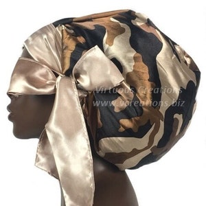 Camouflage Brown Black Satin Bonnet Sleep Cap Scarf Hat with Long Adjustable Ties Single Layer For Long Natural Hair Braids Dreadlocks Locs image 1