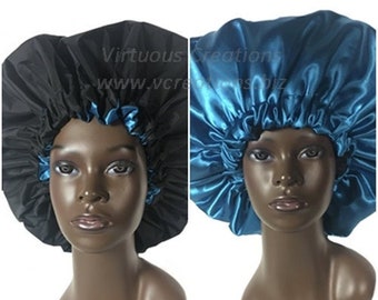 Satin Lined Jumbo Shower Cap Bonnet, Waterproof, Water Resistant, Black and Turquoise Blue, Extra Large, Bath Hair Care Hat, Handmade