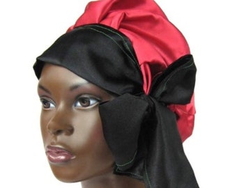 Satin Braid Locs Bonnet Sleep Cap, Single Layer, Red Black Green, RBG, Locs, Dreadlocks, Long Adjustable Ties, Handmade Hair Accessories