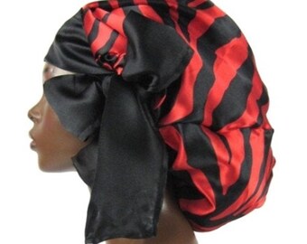 Satin Braid Locs Bonnet Women's Sleep Cap Scarf, Single Layered with Long Adjustable Ties, Zebra Animal Print Red Black, Handmade Hair Care