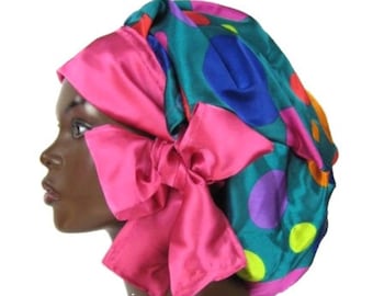 Satin Bonnet, Sleep Cap, Single Layered, Black Hair Care, Braid Locs, Polka Dots, Green, Handmade Natural hair care, adjustable ties