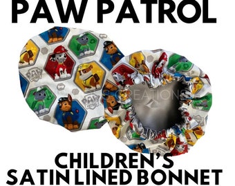 Paw Patrol Boys Children's Satin Lined Bonnet with Elastic Band Mighty Movie Chase Rubble Marshall Rocky White Gray Red Blue Yellow Green