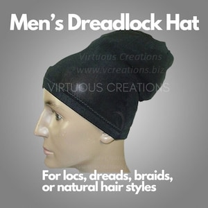 May include: Black dreadlock hat for locs, dreads, braids, or natural hair styles. The hat is made of a stretchy fabric and is designed to fit comfortably over locs or braids. The hat is shown on a mannequin head.