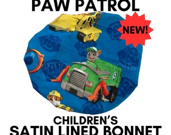 Paw Patrol Blue Boy's Children's Satin Lined Bonnet with Elastic Band Chase Rubble Marshall Rocky Zuma Black Red Yellow Green Primary Colors