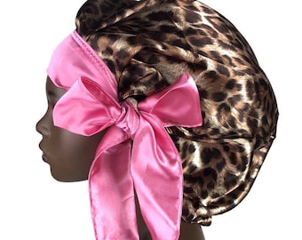 Satin Braid Locs Sleep Bonnet Cap, Scarf, Head Wrap, Single Layered, Cheetah Print Animal Print, Pink Red Purple Gold With Long Ties