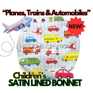 Children's Satin Lined Bonnet For Boys Planes Trains Cars Wide Elastic Band Kids Toddlers Sleep Cap Prevents Hair Breakage Blue Black White