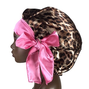Satin Braid Locs Sleep Bonnet Cap, Scarf, Head Wrap, Single Layered, Cheetah Print Animal Print, Pink Red Purple Gold With Long Ties