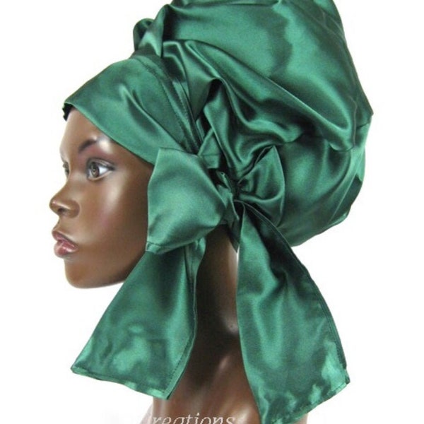 Satin Bonnet, Sleep Cap Scarf with Long Adjustable Ties, Single Layered, Satin Hair Care Cap, Emerald Green, Natural Hair Accessories