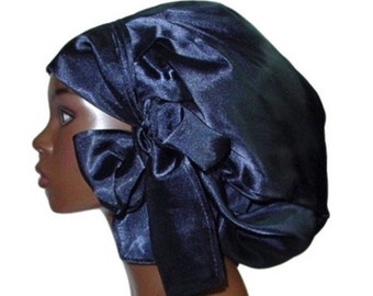 Navy Blue Satin Bonnet Sleep Cap Scarf Single Layered Long Adjustable Ties Handmade Long Natural Hair Dreadlocks Braids Handmade