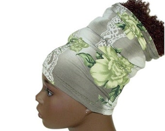 Headband, Head Tube, Natural Hair Accessories, Locs, HeadBand, HeadTube, Head Wrap, Headwrap, Green Gray Floral-Flowers, Women's HeadBand