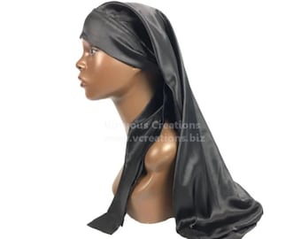Extra Long Satin Hair Care Bonnet- Single Layered with Long Ties -Handmade -Black -Charmeuse Satin -Quality Women's Hair Accessories