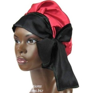 Satin Braid Locs Bonnet Sleep Cap, Single Layer, Red Black Green, RBG, Locs, Dreadlocks, Long Adjustable Ties, Handmade Hair Accessories image 4