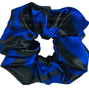 Satin Scrunchies, Handmade Scrunchy, Extra Large Elastic Natural Long Hair Ties, Animal Print Zebra Sapphire Royal Blue Black Braids Locs