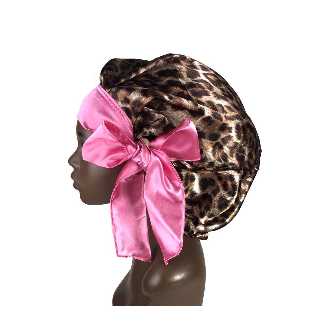 LOVENCOLOR.COM HANDMADE PINK AND BLACK LEOPARD ANIMAL PRINT HAIR BONNET Accessories | Lovencolorcom Handmade Pink And Black Leopard  main image 3