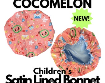 Cocomelon Little Girls Childrens Satin Lined Bonnet With Wide Elastic Band Music Notes Sunshine Rainbows Stars Lavender Purple Multicultural