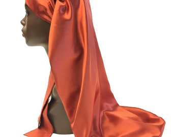 Extra Long Satin Hair Care Bonnet- Single Layered with Long Ties -Handmade -Rust Orange Copper Brown  Satin -Women's Hair Accessories