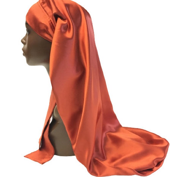 Extra Long Satin Hair Care Bonnet- Single Layered with Long Ties -Handmade -Rust Orange Copper Brown  Satin -Women's Hair Accessories